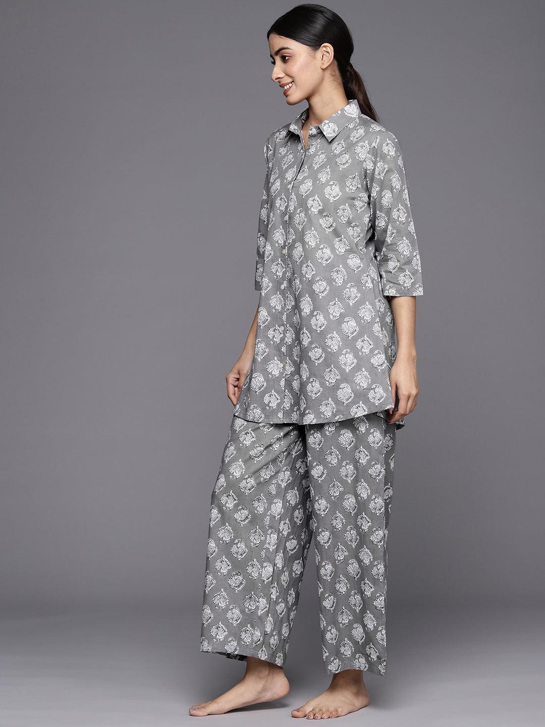 Grey Printed Cotton Night Suit - Libas