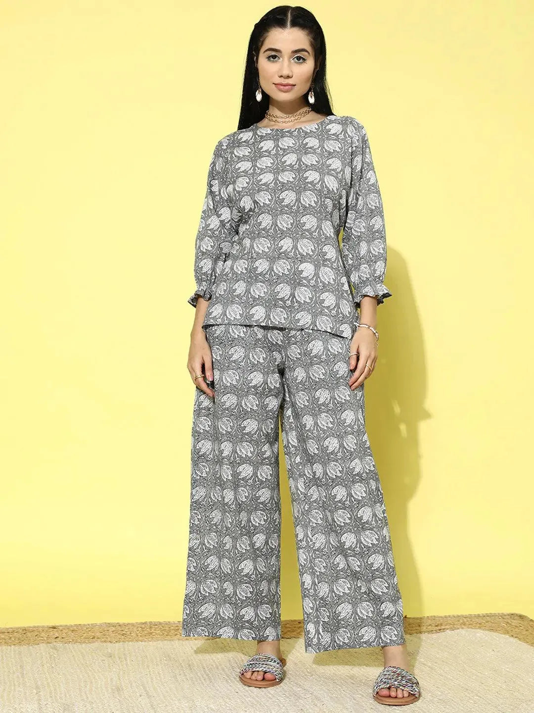 Grey Printed Cotton Night Suit - Libas 