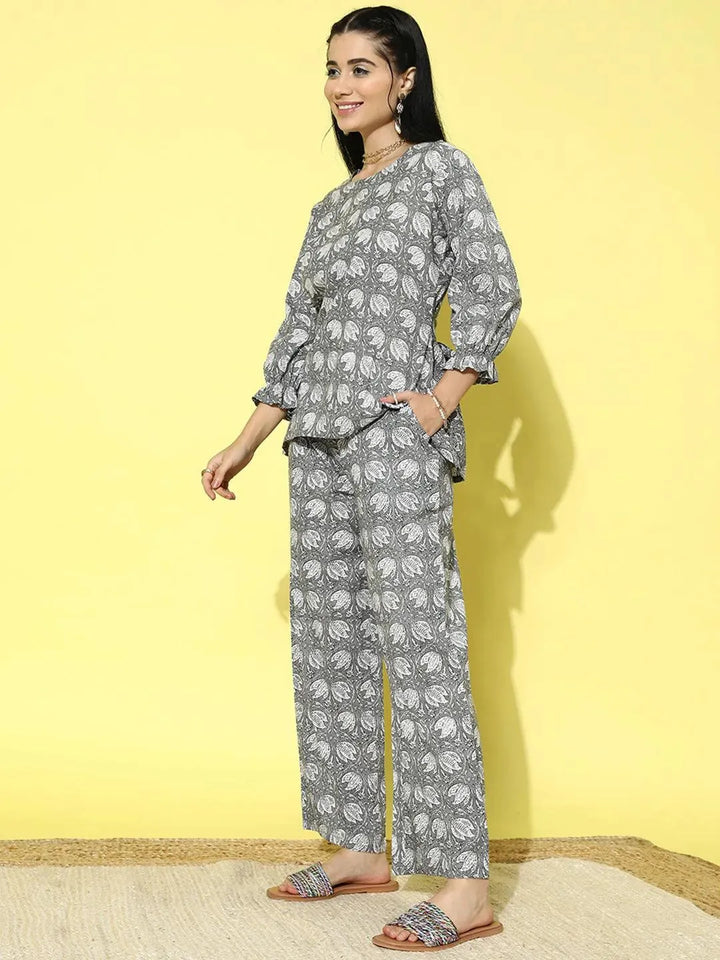 Grey Printed Cotton Night Suit - Libas