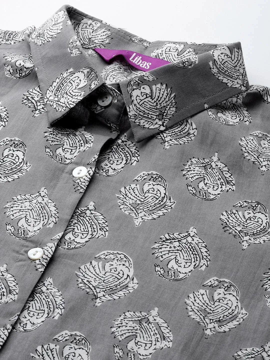 Grey Printed Cotton Night Suit - Libas 