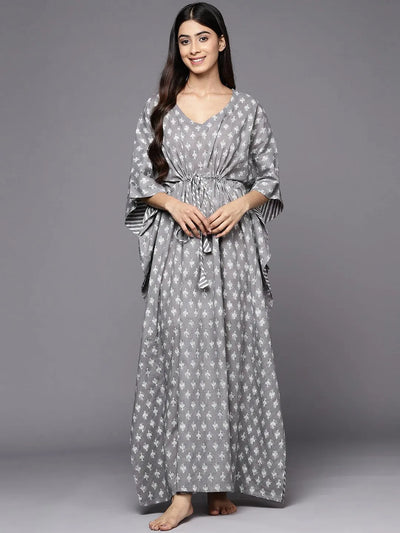 Grey Printed Cotton Nightdress - Libas