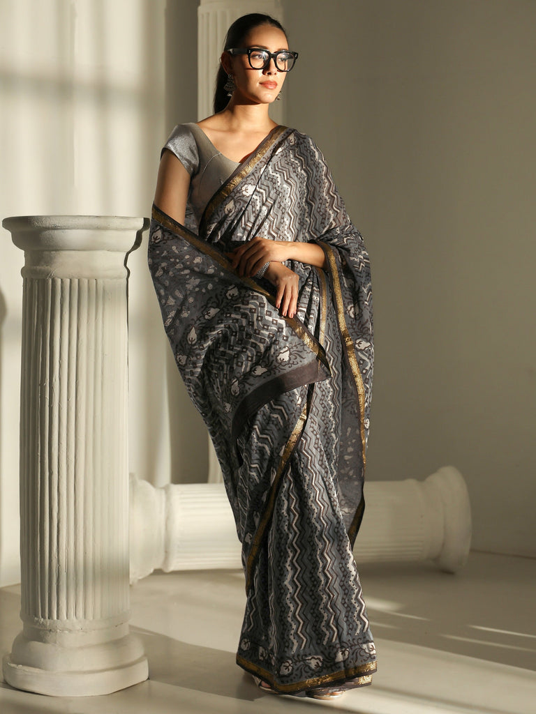 Libas Grey Chevron Printed Cotton Saree