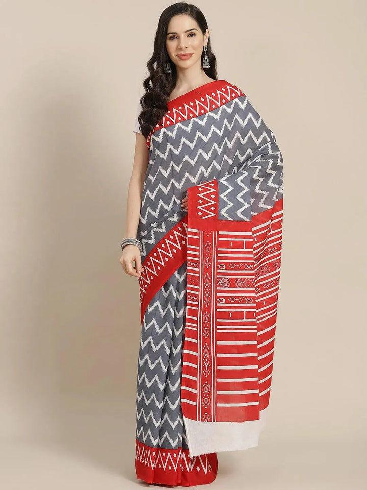 Grey Printed Cotton Saree - Libas