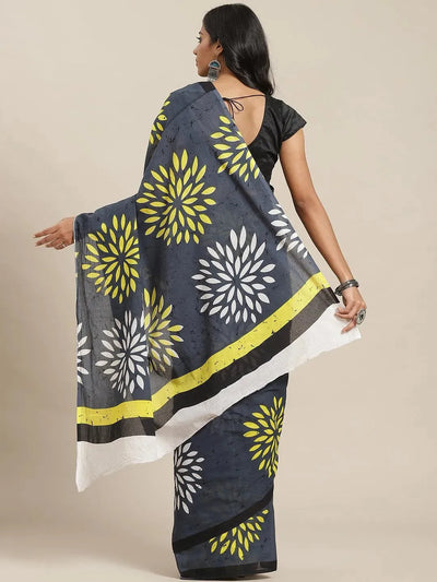 Grey Printed Cotton Saree - Libas