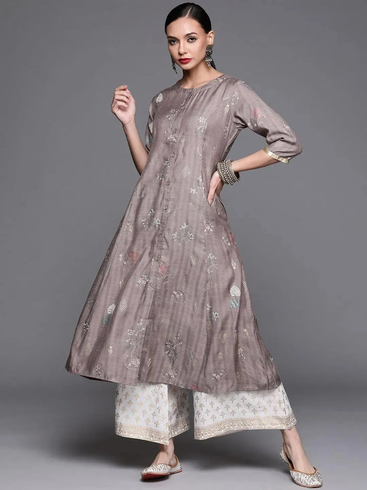 Grey Printed Cotton Silk Kurta - Libas