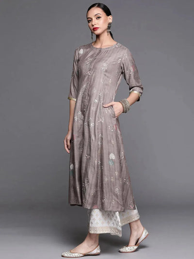 Grey Printed Cotton Silk Kurta - Libas