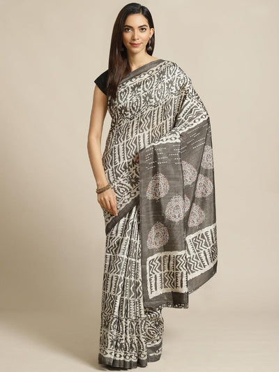 Grey Printed Cotton Silk Saree - Libas