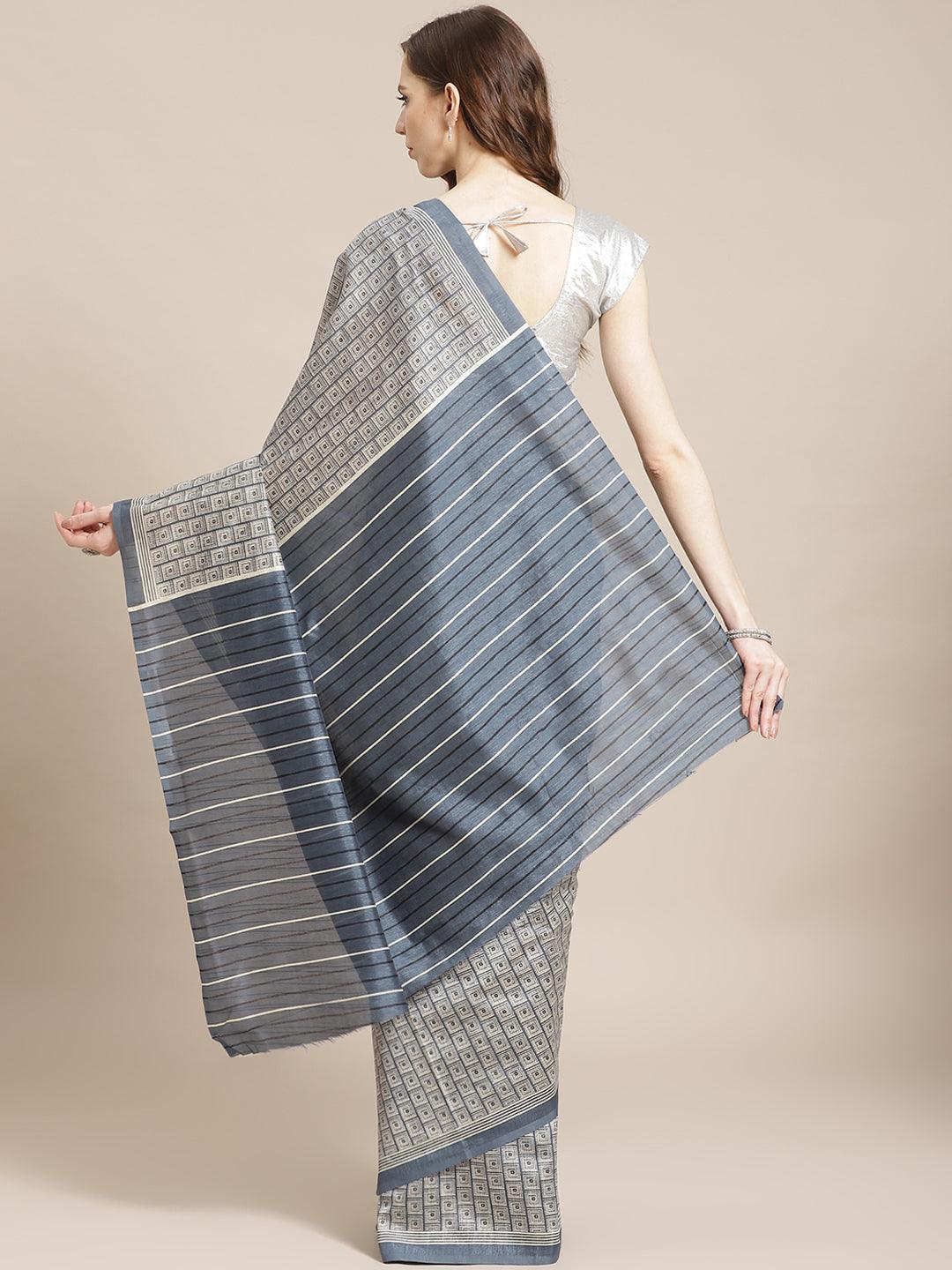 Grey Printed Cotton Silk Saree