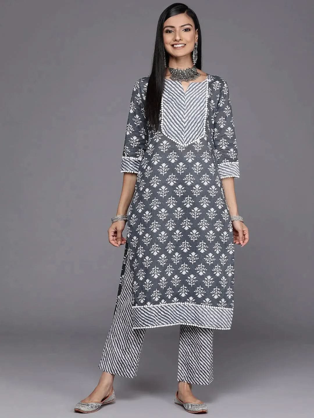 Grey Printed Cotton Straight Kurta - Libas 