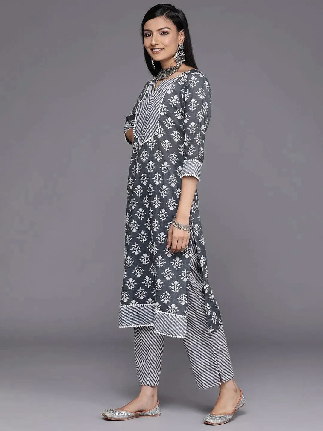 Grey Printed Cotton Straight Kurta - Libas 