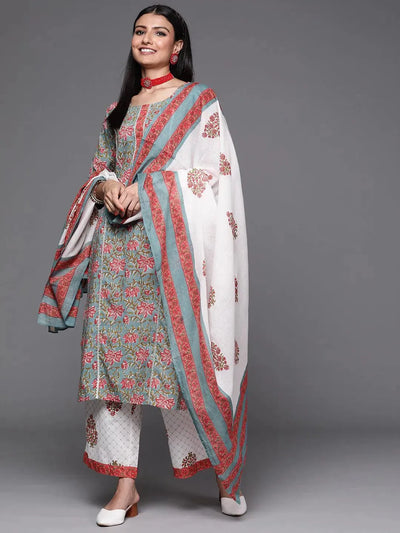 Grey Printed Cotton Suit Set - Libas