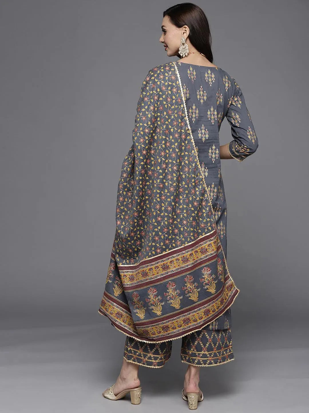 Grey Printed Cotton Straight Suit Set - Libas 