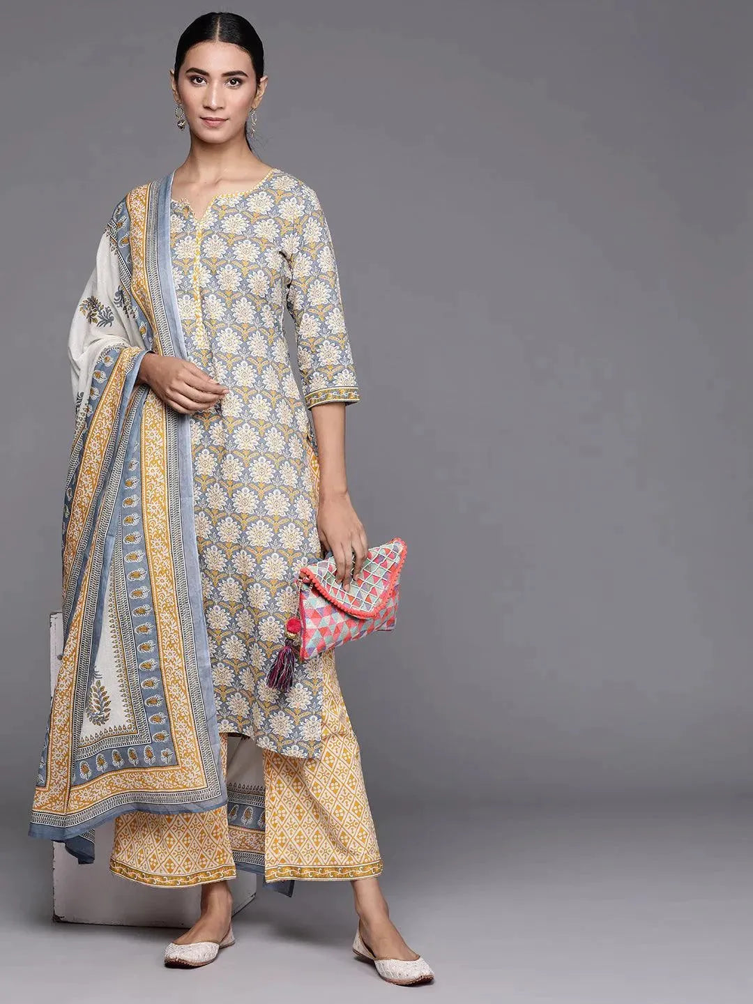 Grey Printed Cotton Suit Set - Libas 