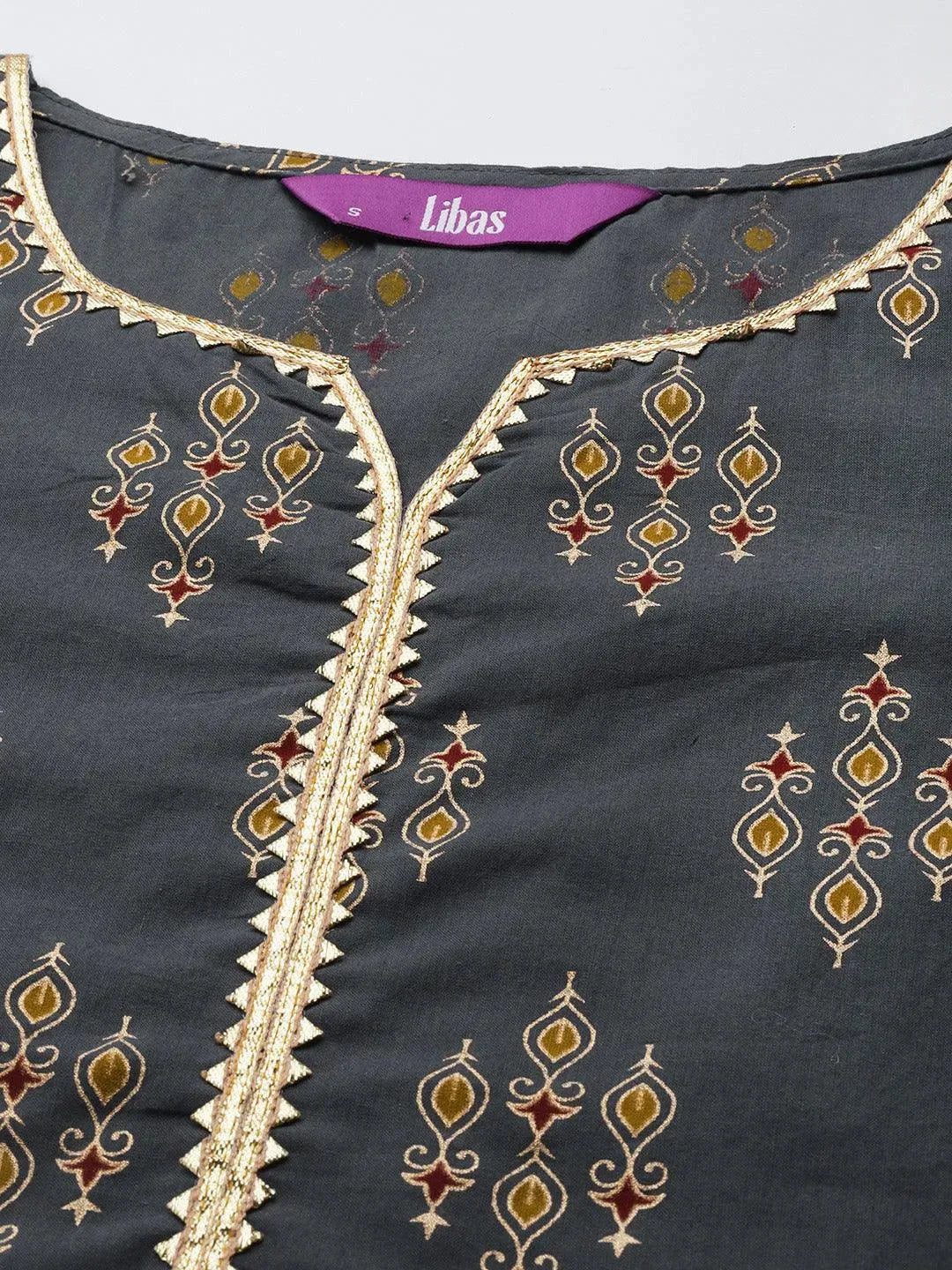 Grey Printed Cotton Straight Suit Set - Libas 