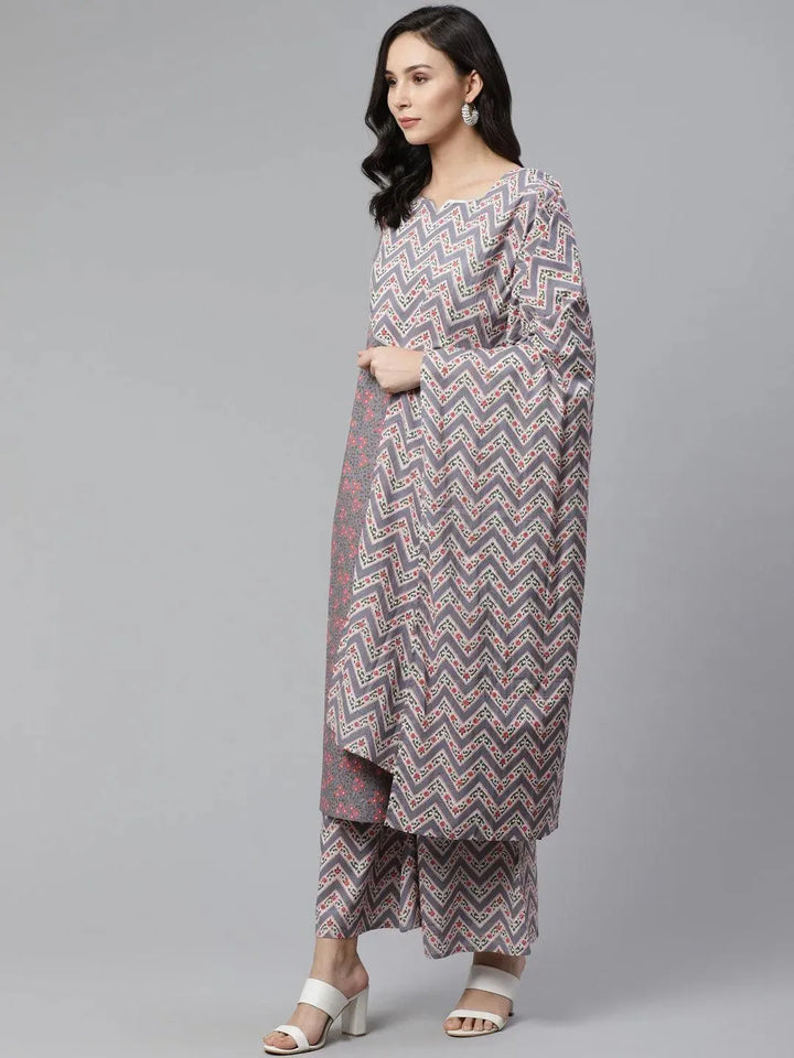 Grey Printed Cotton Suit Set - Libas