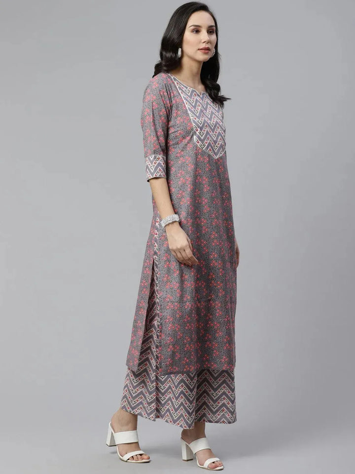 Grey Printed Cotton Suit Set - Libas