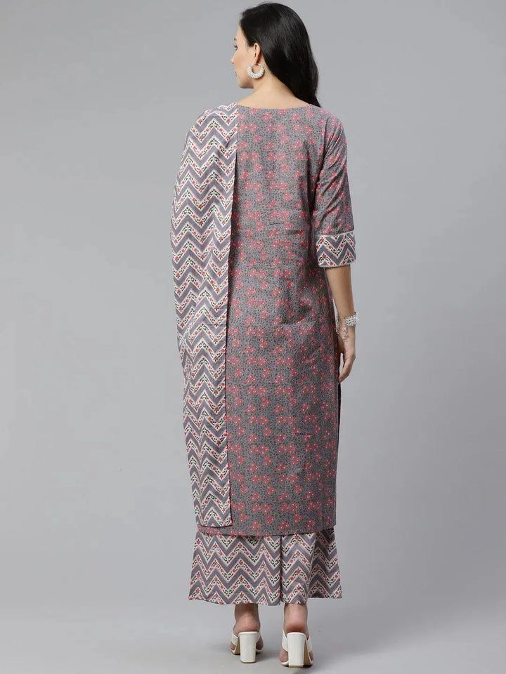 Grey Printed Cotton Suit Set - Libas