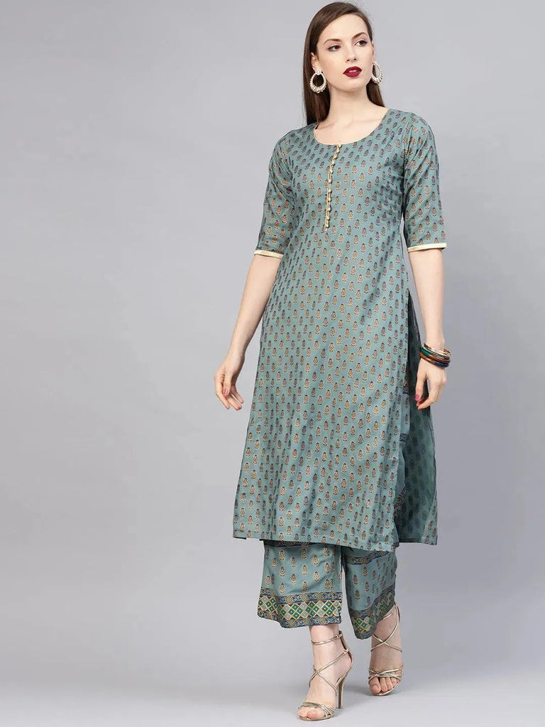 Libas Grey Printed Cotton Straight Kurta With Palazzos