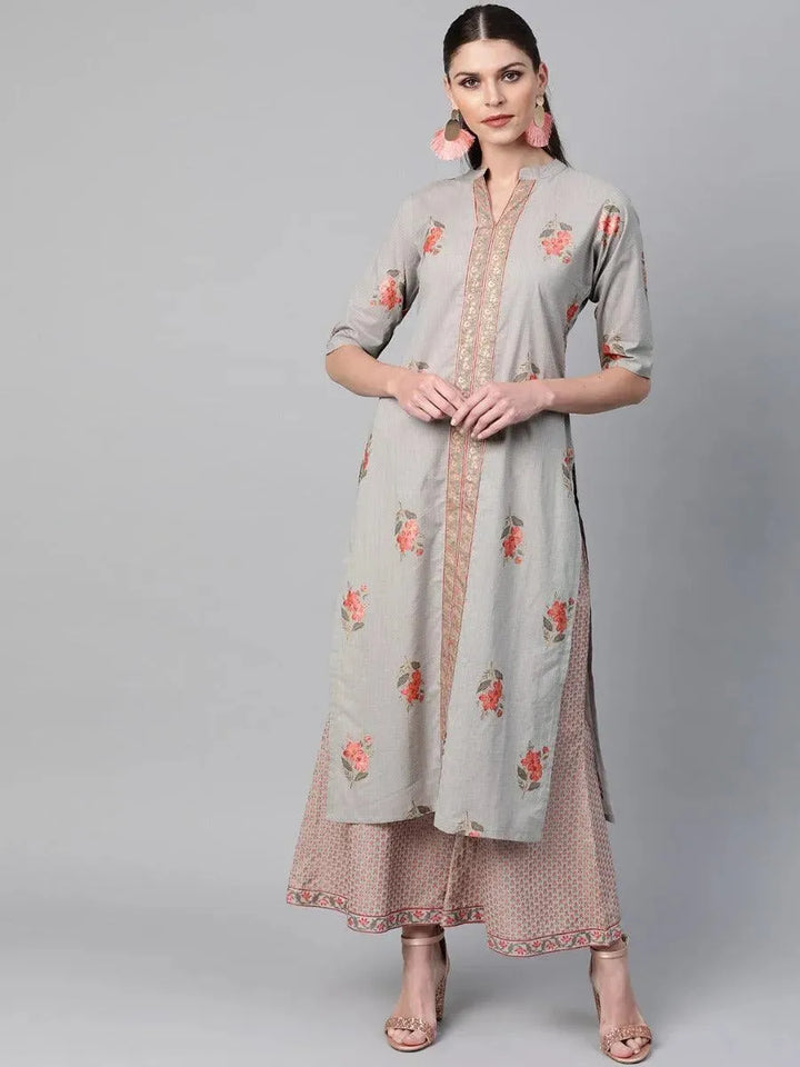 Grey Printed Cotton Kurta Set - Libas