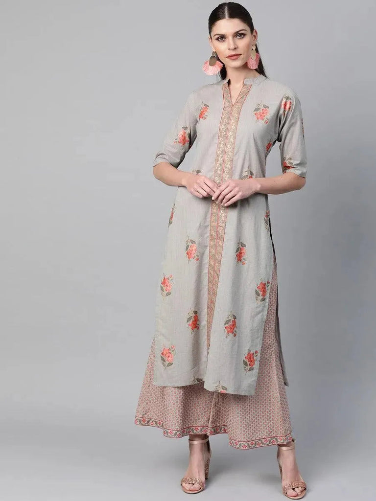 Libas Grey Printed Cotton Straight Kurta With Palazzos