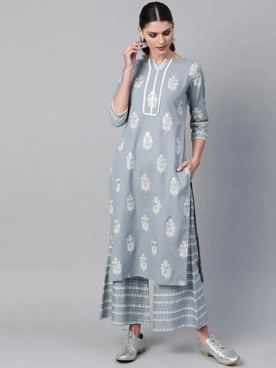 Grey Printed Cotton Kurta Set - Libas