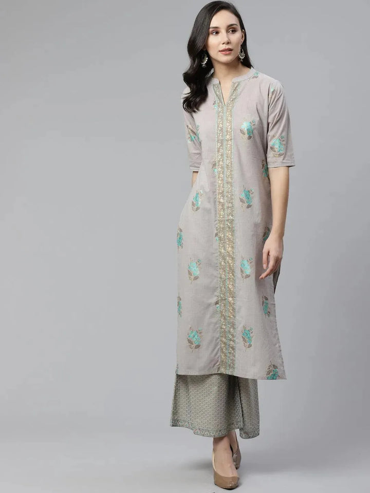 Grey Printed Cotton Kurta Set - Libas