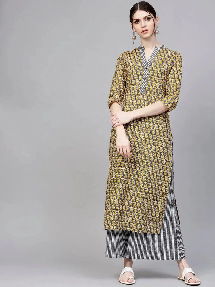 Grey Printed Cotton Kurta Set - Libas