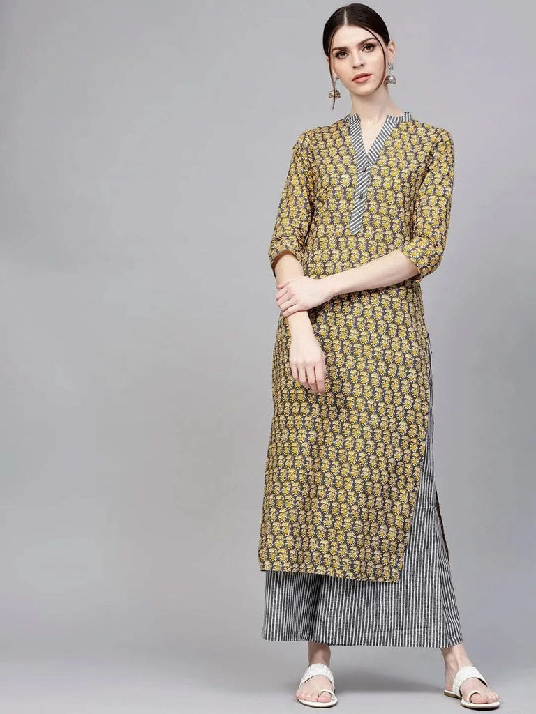 Libas Grey Printed Cotton Straight Kurta With Palazzos