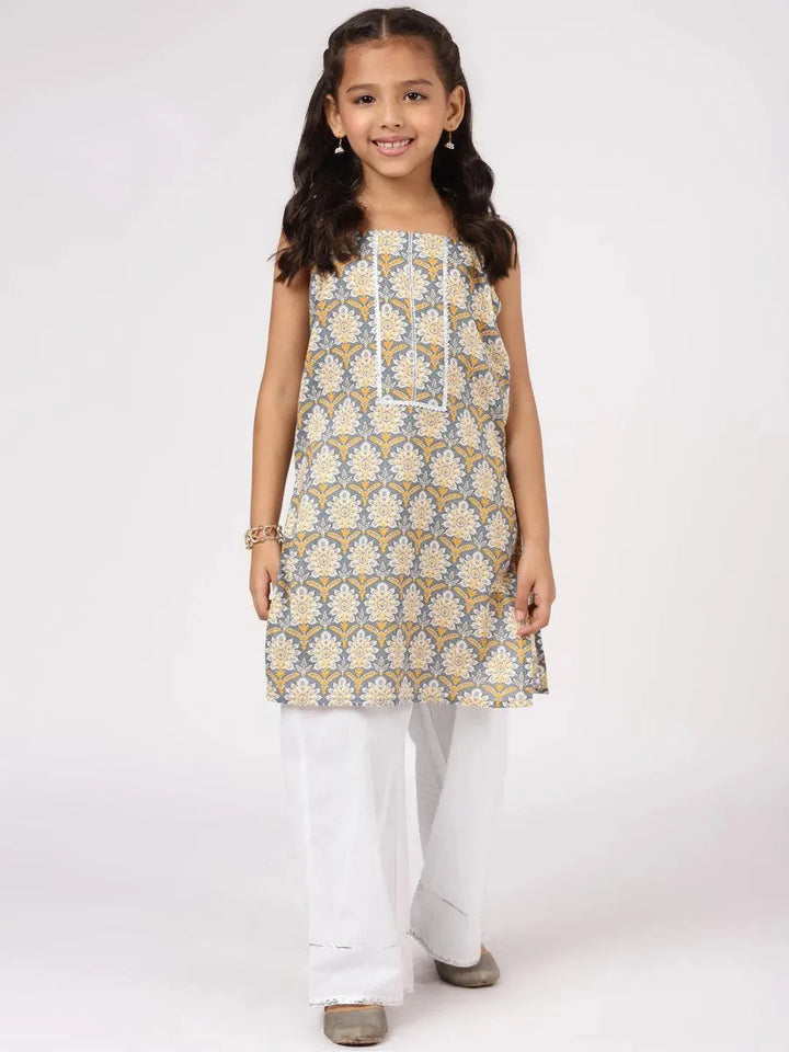 Grey Printed Cotton Straight Kurta Set - Libas