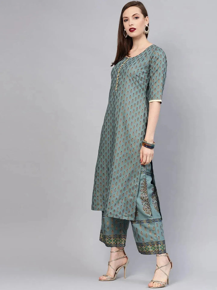 Grey Printed Cotton Kurta Set - Libas