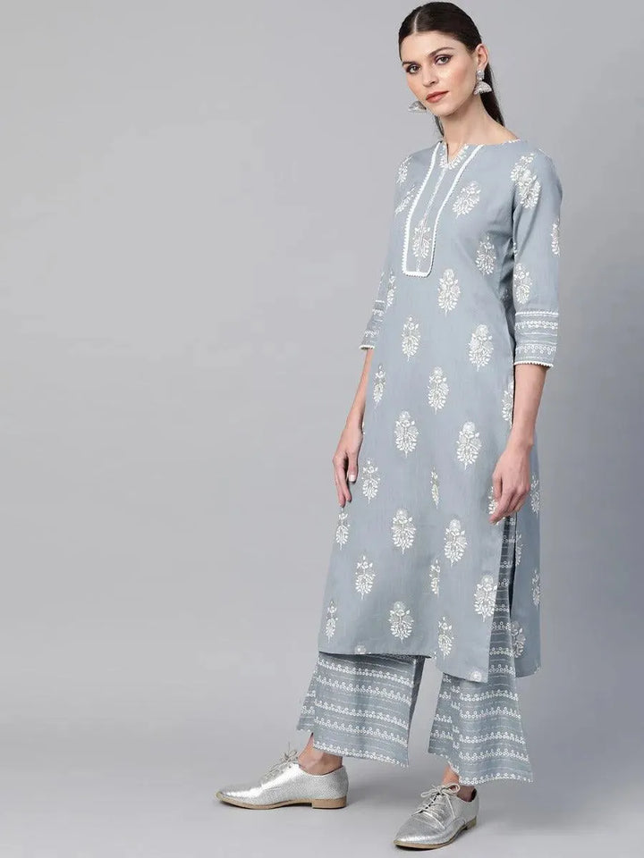 Grey Printed Cotton Kurta Set - Libas