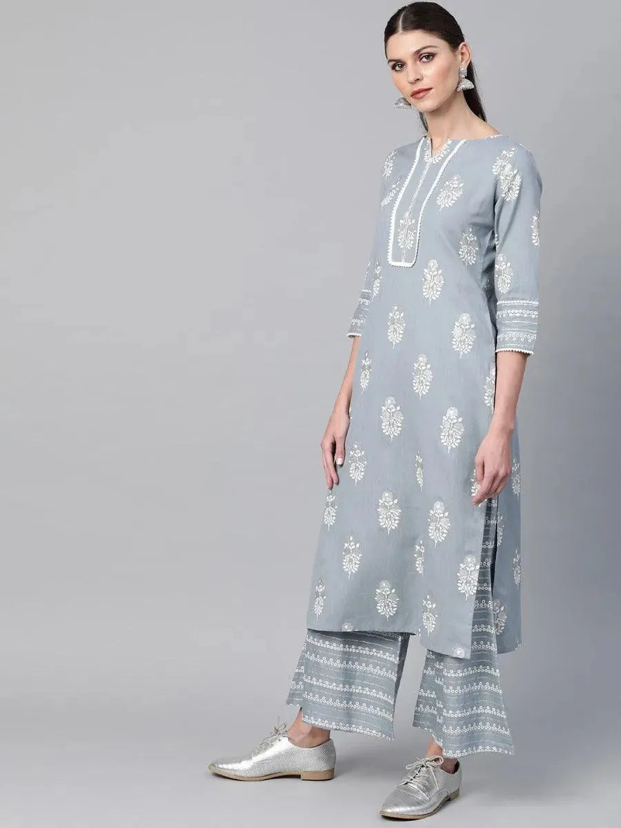 Grey Printed Cotton Kurta Set - Libas