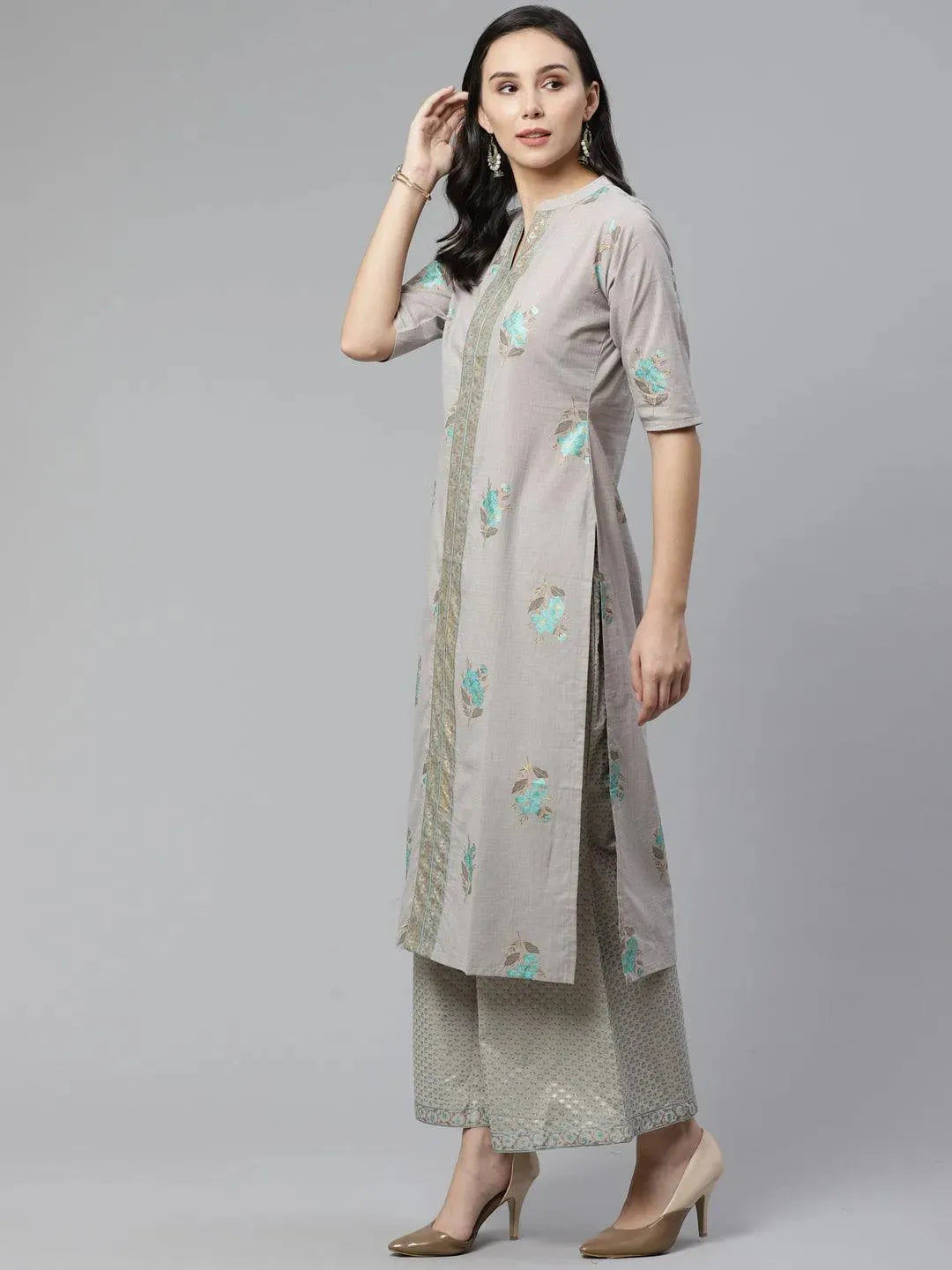 Grey Printed Cotton Kurta Set - Libas 