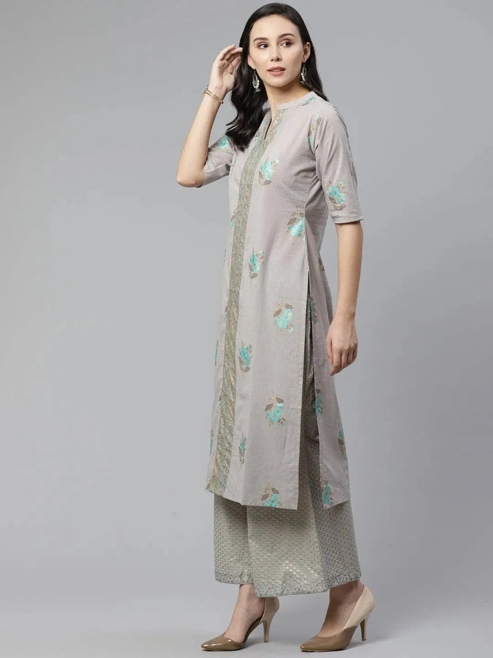 Grey Printed Cotton Kurta Set - Libas