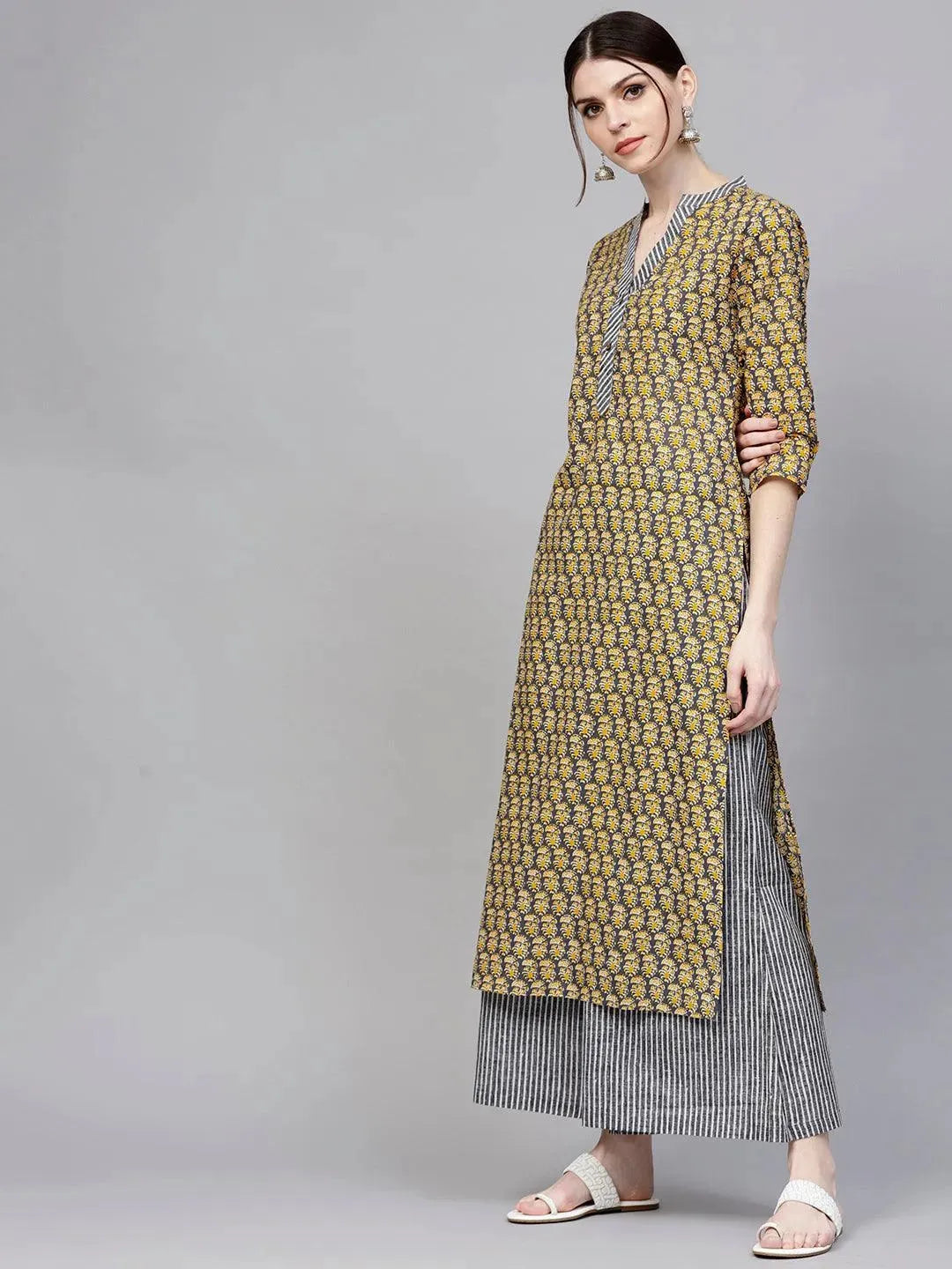 Grey Printed Cotton Kurta Set - Libas