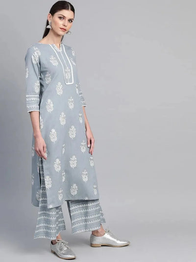 Grey Printed Cotton Kurta Set - Libas