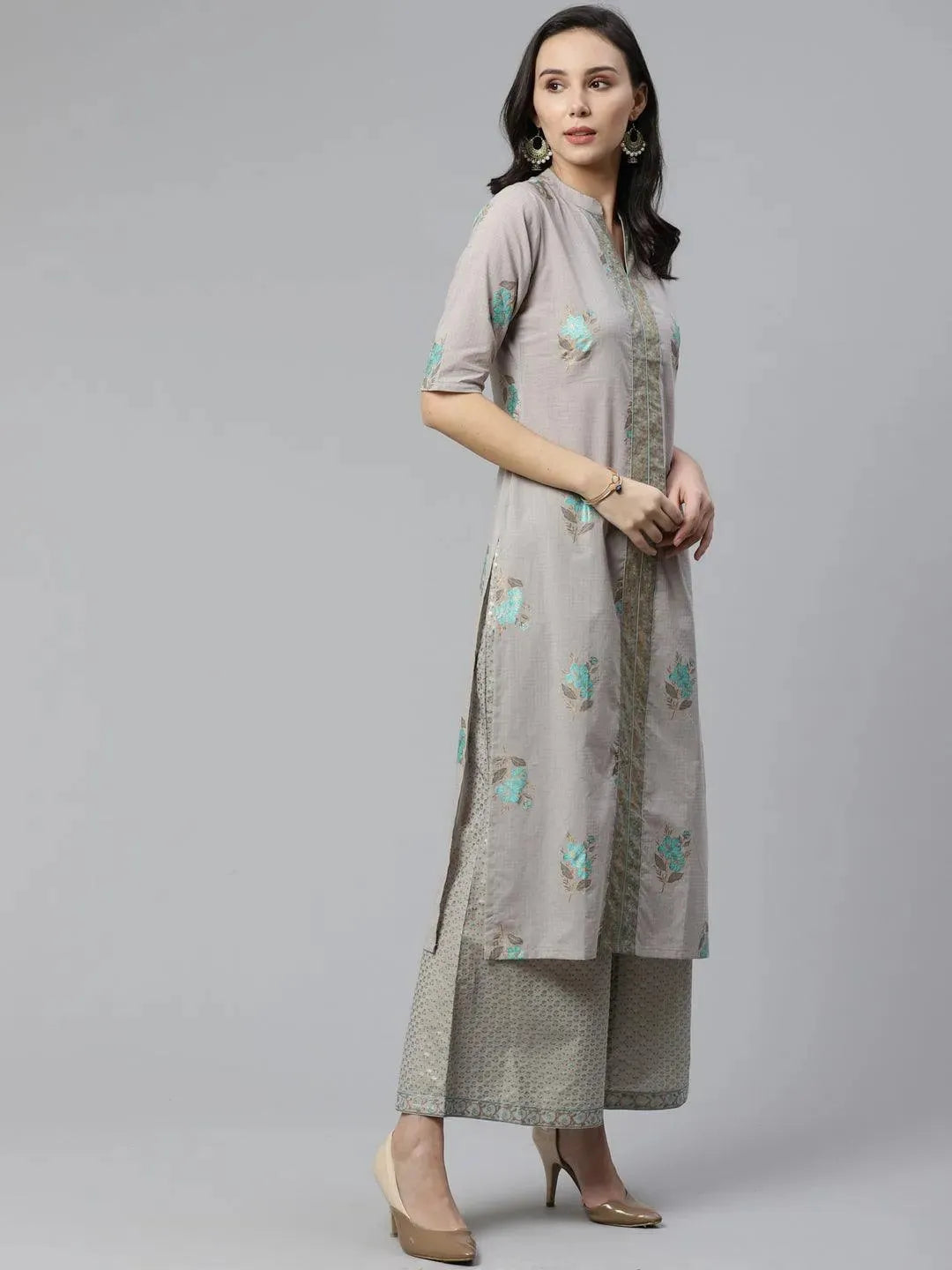 Grey Printed Cotton Kurta Set - Libas