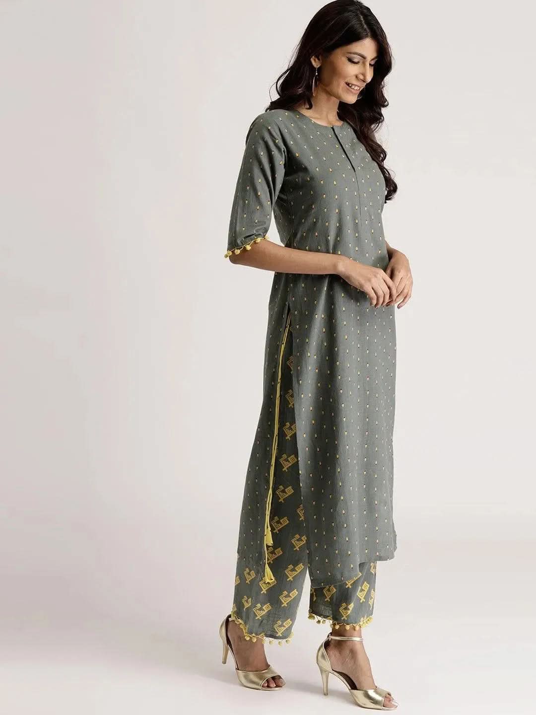 

Grey Printed Cotton Straight Kurta With Palazzos
