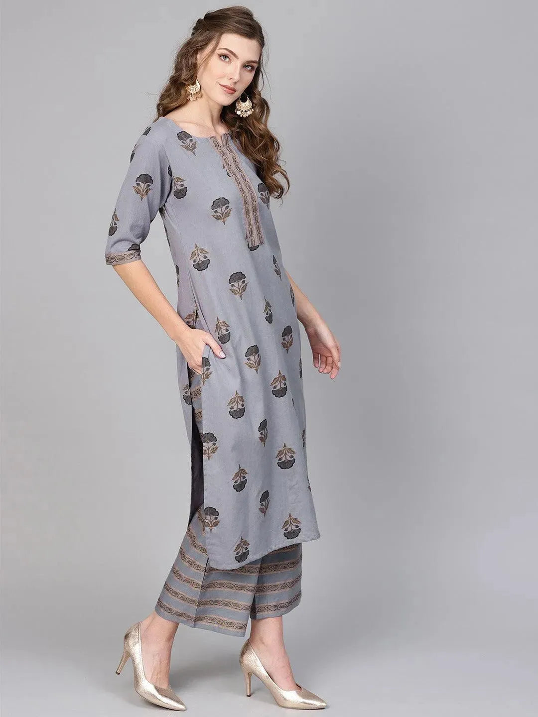 Grey Printed Cotton Kurta Set - Libas 