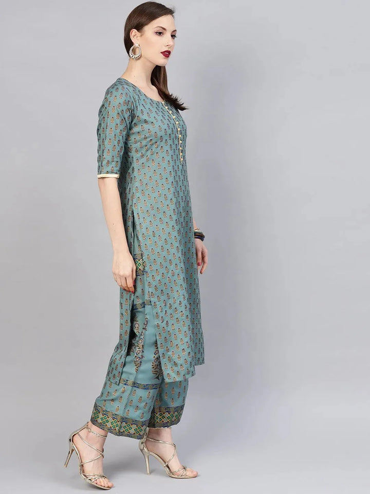 Grey Printed Cotton Kurta Set - Libas