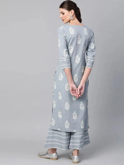 Grey Printed Cotton Kurta Set - Libas