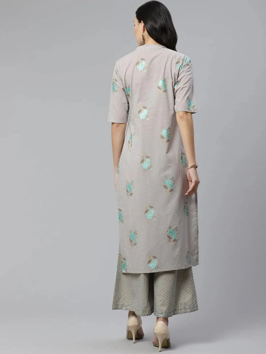 Grey Printed Cotton Kurta Set - Libas