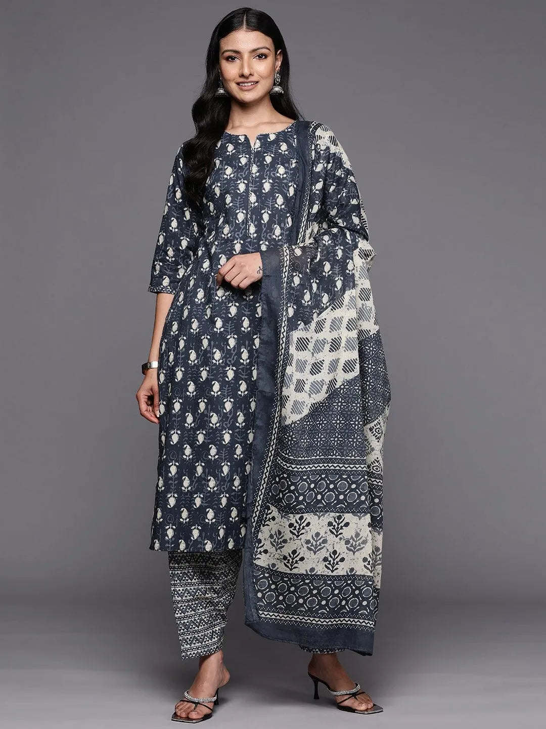 Grey Printed Cotton Straight Suit Set With Salwar - Libas