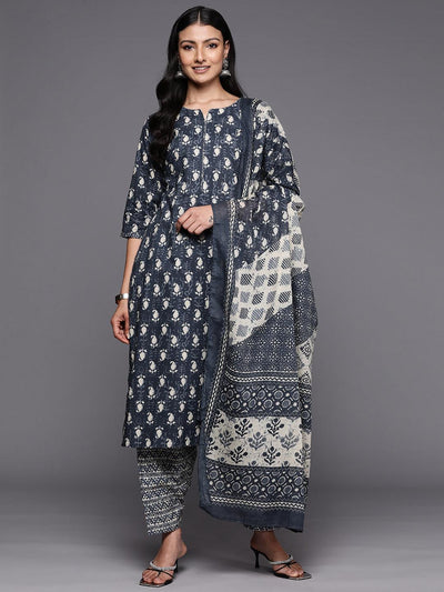Grey Printed Cotton Straight Suit Set With Salwar - Libas