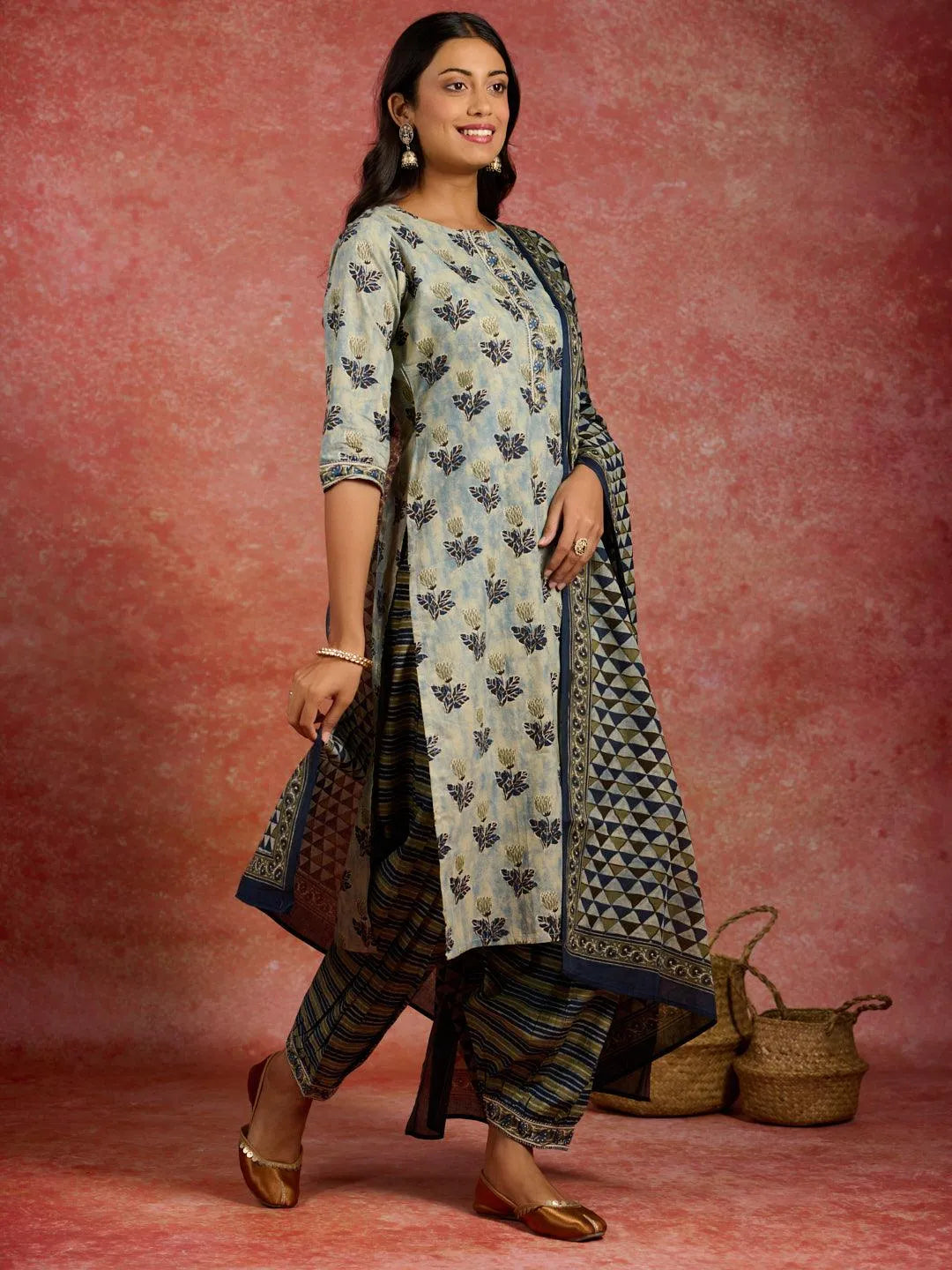 Grey Printed Cotton Straight Kurta With Salwar & Dupatta - Libas 