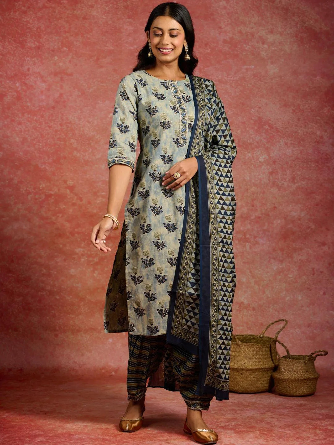 Grey Printed Cotton Straight Kurta With Salwar & Dupatta - Libas