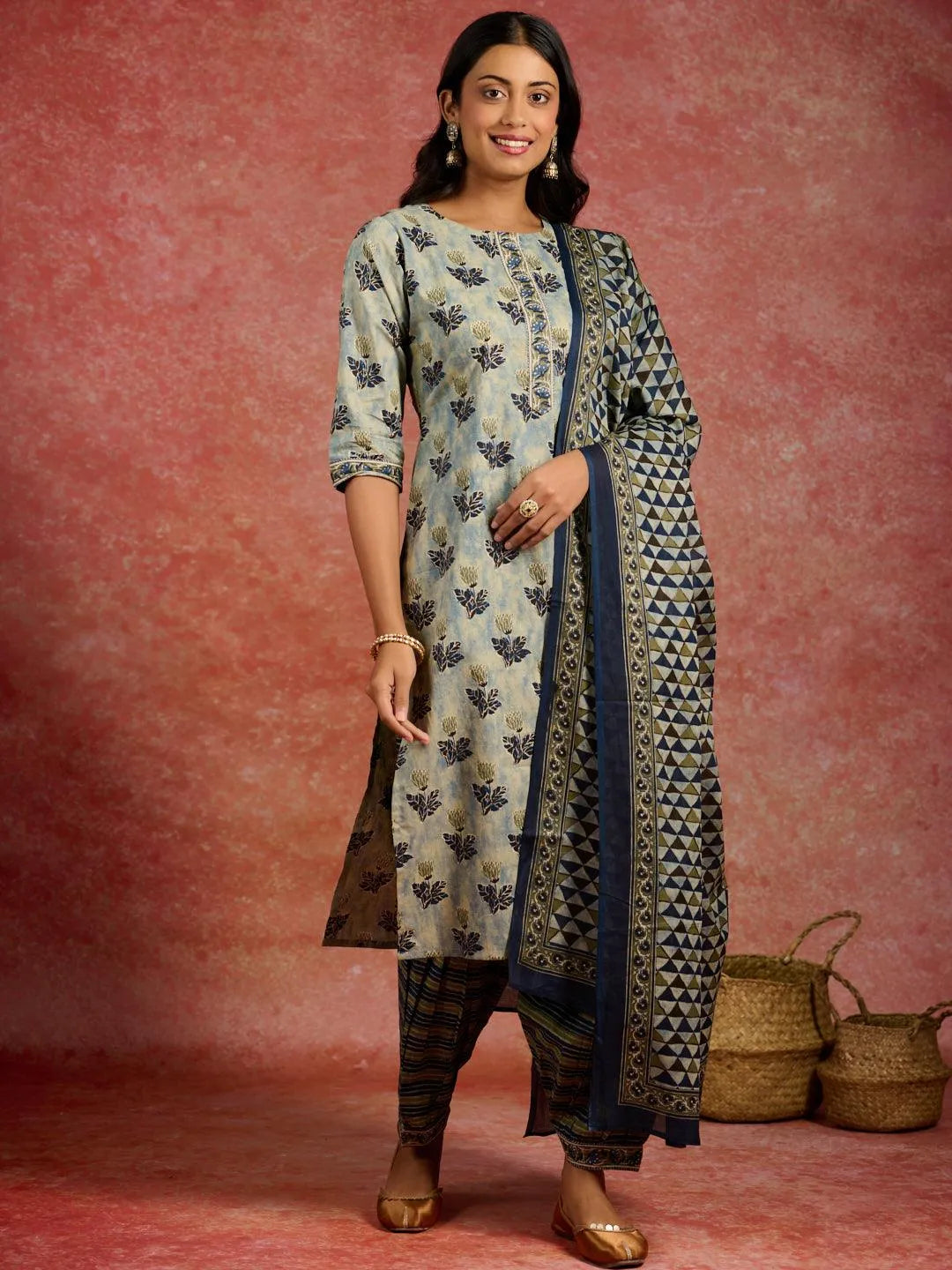 Grey Printed Cotton Straight Kurta With Salwar & Dupatta - Libas 
