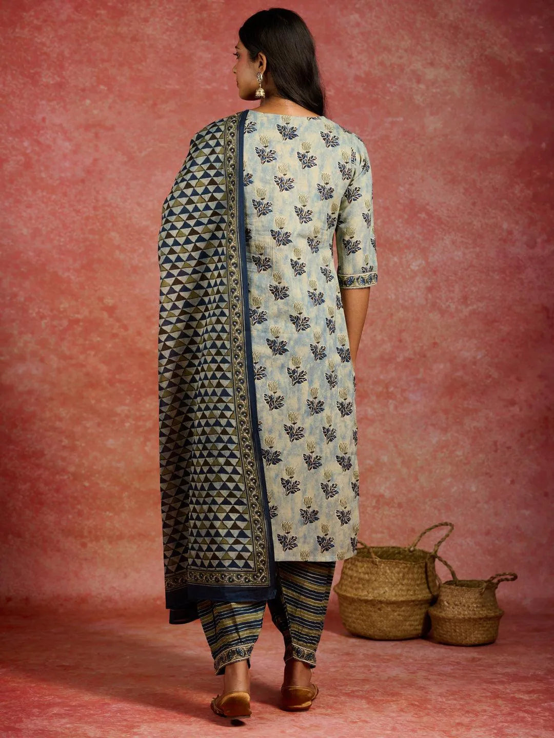 Grey Printed Cotton Straight Kurta With Salwar & Dupatta - Libas