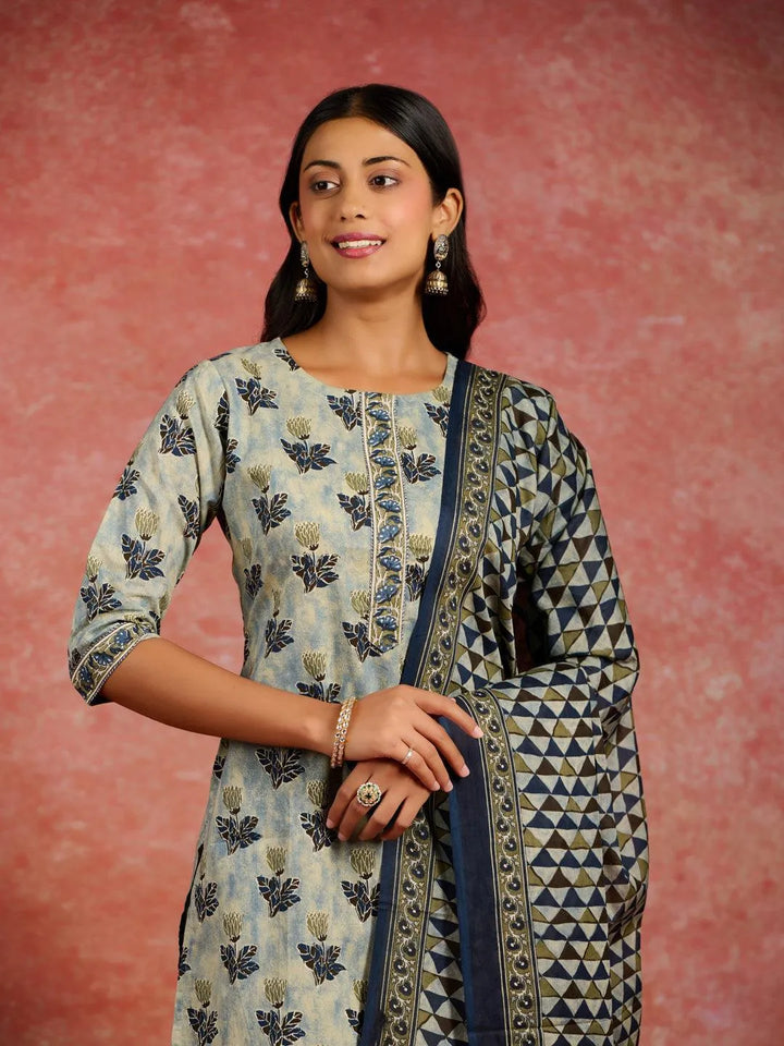 Grey Printed Cotton Straight Kurta With Salwar & Dupatta - Libas