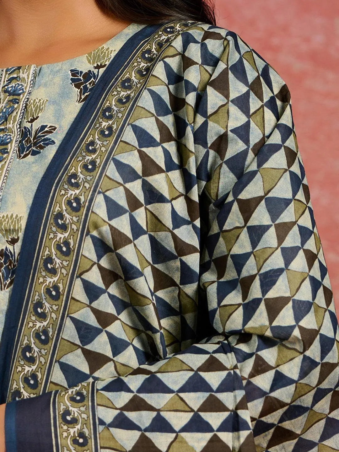 Grey Printed Cotton Straight Kurta With Salwar & Dupatta - Libas 